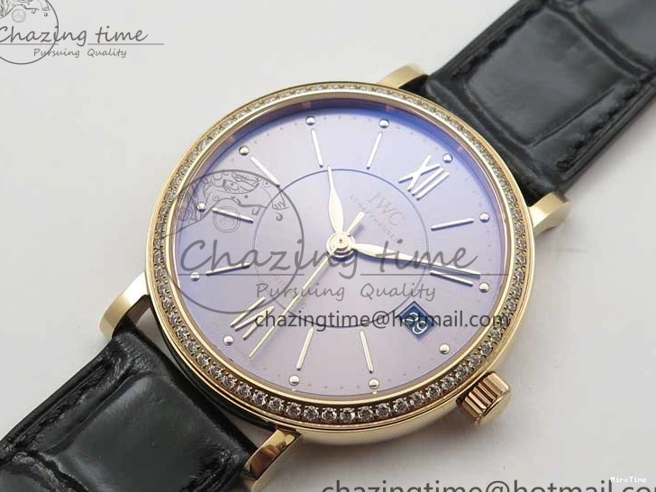 MIROTIME 1228 Durable Portofino 37mm RG V7F 1:1 Best Edition Gray Dial Diamonds Bezel on Black Leather Strap A 7089